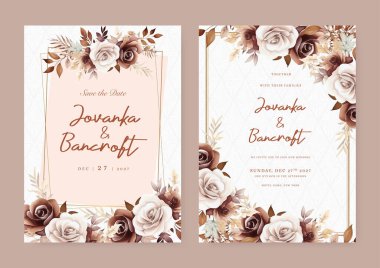Kahverengi ve beyaz rustik vektör zarif suluboya düğün davetiyesi çiçek tasarımı