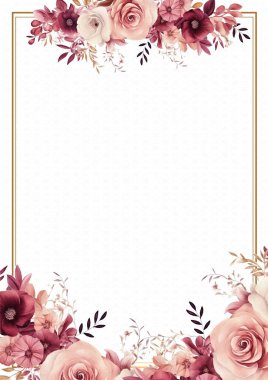 Kırmızı beyaz ve pembe modern çelenk. Çiçek ve bitki örtülü davetiye çerçevesi.