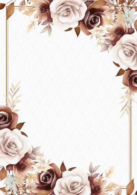 Kahverengi ve beyaz davetiye arkaplan çiçekli suluboya resim