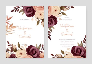 Bej rengi, kırmızı ve kahverengi kır gülleri. Düğün davetiyesi şablonu. Şekiller ve çiçek desenli.