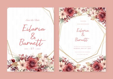 Kırmızı ve bej renkli zarif düğün davetiyesi şablonu. Çiçekli ve yapraklı.