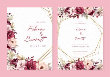 Pembe ve kırmızı şakayık ve çiçek desenli gelincik düğün davetiyesi şablonu.