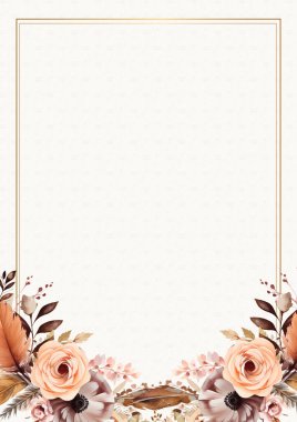 Kahverengi beyaz ve şeftali rengi suluboya el boyalı arka plan şablonu Davetiye ve çiçekli