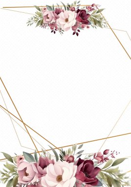 Pembe beyaz ve kırmızı suluboya el boyalı arka plan şablonu Davetiye ve çiçek ile