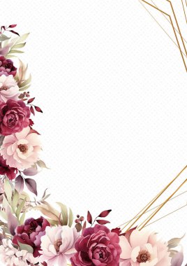 Bitki örtüsü ve çiçek desenli pembe beyaz ve kırmızı vektör çerçevesi