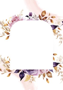 Mor menekşe ve pembe vektör. Çiçekli ve çiçekli gerçekçi altın renkli davetiye.