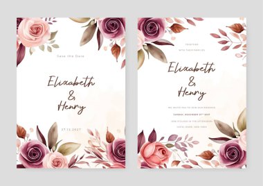 Pembe ve kırmızı gül seti düğün davetiyesi şablonu şekilli ve çiçekli kenar