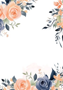 Şeftali beyazı ve mavi vektör gerçekçi altın renkli çiçek ve flora davetiyesi