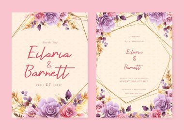 Pembe bej ve mor menekşe. Çiçekli ve çiçekli modern düğün davetiyesi şablonu.