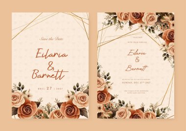 Kahverengi ve bej renkli kır güllü düğün davetiyesi şablonu çiçek ve suluboya bırakıyor