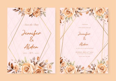 Altın çizgili, çiçekli, botanik yapraklı, şekilli, suluboyalı bej bir düğün davetiyesi.