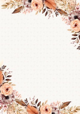 Şeftali rengi bej ve kahverengi çiçeklerle suluboya arkaplan