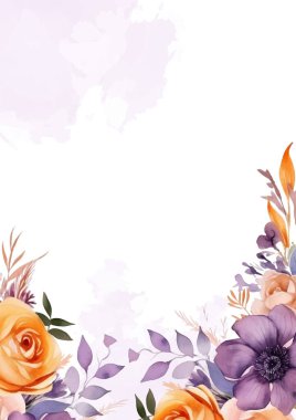 Turuncu beyaz ve mor menekşe vektörü gerçekçi altın renkli flora ve çiçekli davetiye