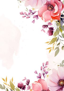 Kırmızı beyaz ve pembe modern çelenk. Çiçek ve bitki örtülü davetiye çerçevesi.