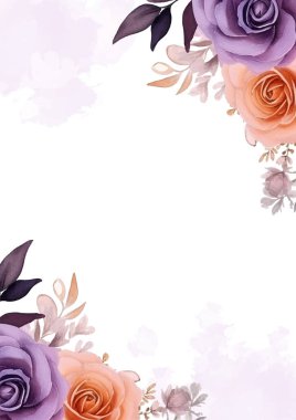 Turuncu beyaz ve mor menekşe arkaplan çiçeği ve flora ile davetiye şablonu