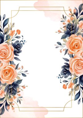 Şeftali beyazı ve mavi vektör gerçekçi altın renkli çiçek ve flora davetiyesi