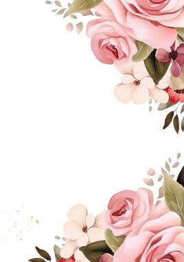Çiçek ve bitki örtüsü olan beyaz ve pembe vektör çerçevesi