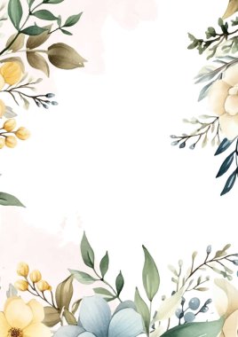 Mavi ve sarı modern çelenk arka plan davetiye çerçevesi çiçek ve bitki örtüsü