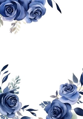 Mavi ve beyaz modern çelenk arka plan davetiye çerçevesi çiçek ve flora ile