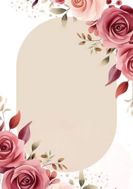 Çiçek ve bitki örtüsü ile yeşillik desenli pembe ve kırmızı vektör çerçevesi