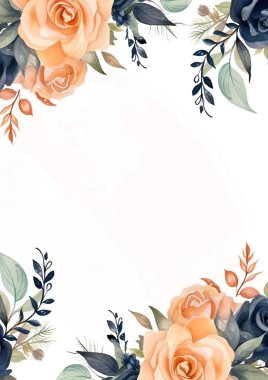 Şeftali beyazı ve mavi çelenk arkaplan davet şablonu çiçek ve flora ile