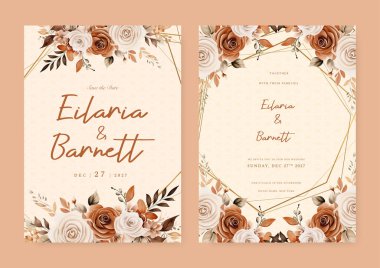 Kahverengi ve bej renkli kır gülü. Çiçekli ve çiçekli modern düğün davetiyesi şablonu.