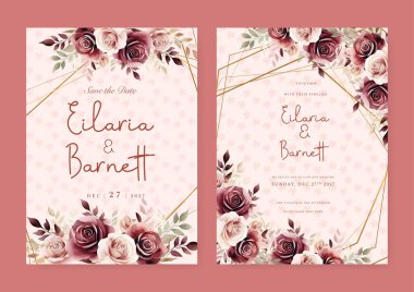 Kırmızı pembe ve bej gül çiçekli düğün davetiyesi şablonu. Çiçek çerçeveli.