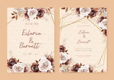 Kahverengi ve bej renkli kır güllü düğün davetiyesi şablonu çiçek ve suluboya bırakıyor