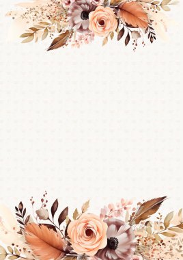 Çiçek ve bitki örtüsü olan şeftali beyazı ve kahverengi vektör çerçevesi