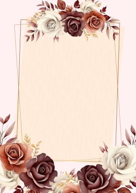 Kahverengi ve bej renkli kırsal modern çelenk arka plan davetiye çerçevesi çiçek ve flora ile