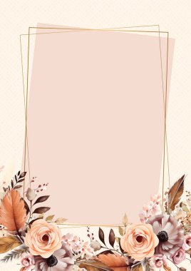 Şeftali rengi, bej rengi ve kahverengi suluboya el resmi. Çiçekli ve çiçekli Davetiye için arka plan şablonu.