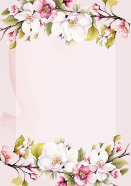 Beyaz ve pembe suluboya elle boyanmış arka plan şablonu çiçek ve bitki örtülü davetiye için.