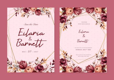 Turuncu ve kırmızı gül ve çiçekli düğün davetiyesi şablonu. Çiçek çerçeveli.