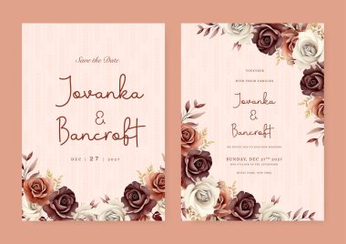 Kahverengi ve bej renkli kır gülü sanatsal düğün davetiyesi şablonu çiçek süslemeleri ile ayarlandı