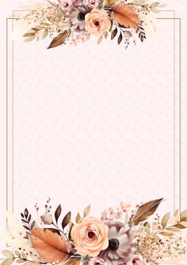 Şeftali ve kahverengi suluboya el boyası arka plan şablonu. Çiçek ve bitki örtüsü ile davetiye için.