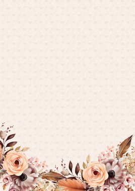 Şeftali rengi, bej rengi ve kahverengi suluboya el resmi. Çiçekli ve çiçekli Davetiye için arka plan şablonu.