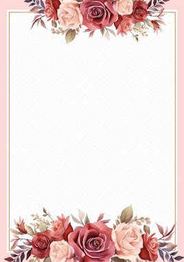 Şeftali pembesi ve kırmızı modern çelenk arkaplan davetiye çerçevesi çiçek ve flora ile