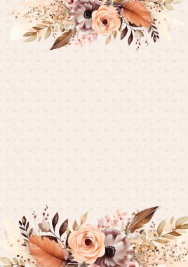 Şeftali bej ve kahverengi modern arkaplan suluboya çiçek ve çiçek daveti