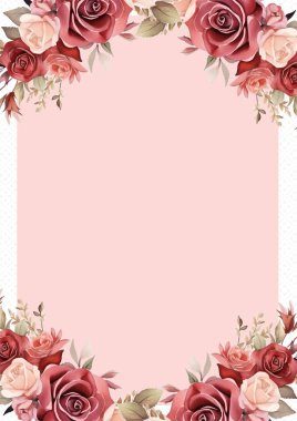 Şeftali pembesi ve kırmızı modern arka plan davetiye şablonu çiçekli ve çiçekli