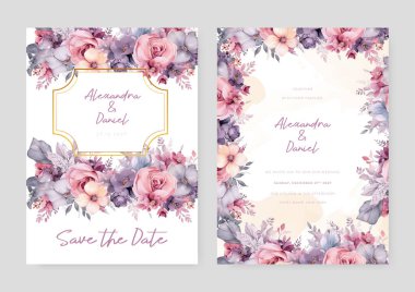 Pembe ve mor şakayıklı düğün davetiyesi şablonu. Şekiller ve çiçekli kenar.