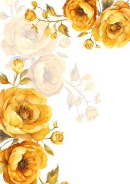 Sarı ve beyaz modern çelenk arka plan davetiye çerçevesi çiçek ve flora ile