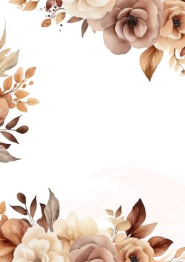 Bitki örtüsü ve çiçekli yeşillik desenli bej kahverengi ve beyaz vektör çerçevesi