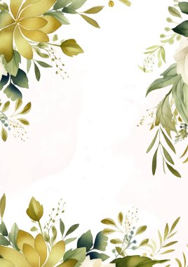Yeşil ve beyaz modern çelenk arkaplan daveti çerçevesi çiçek ve flora ile