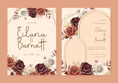 Bej ve kahverengi rustik gül taşıyıcı düğün davetiyesi şablonu çiçek ve suluboya bırakıyor