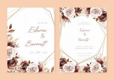 Çiçek çerçeveli kahverengi ve beyaz gül çiçekli davetiye şablonu