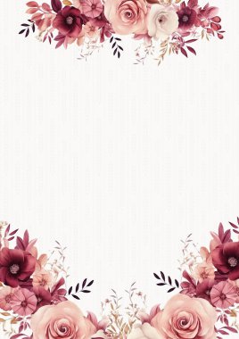 Kırmızı beyaz ve pembe suluboya el boyası arkaplan şablonu Davetiye ve çiçek ile birlikte