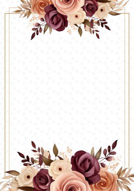 Beyaz bej ve kahverengi rustik vektör gerçekçi altın renkli flora ve çiçekli davetiye