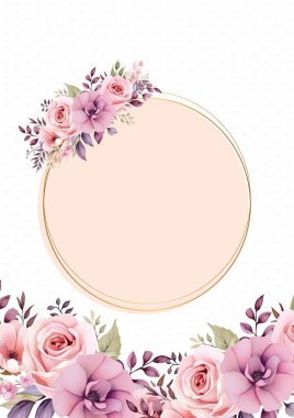 Çiçek ve bitki örtüsü ile yeşillik desenli pembe beyaz ve mor menekşe vektör çerçevesi