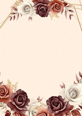 Bej ve kahverengi rustik çelenk arka plan davetiye şablonu flora ve çiçekli