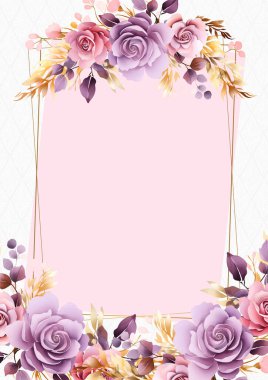 Pembe beyaz ve mor menekşe vektör gerçekçi altın renkli çiçek ve flora davetiyesi